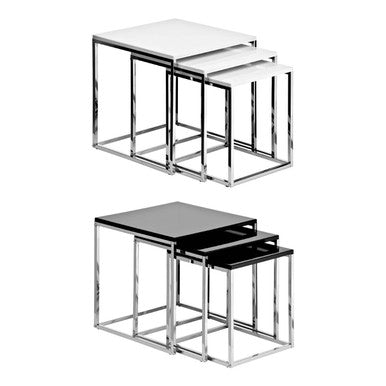 Silver and Black Nesting Set of 3 Accent Tables with Chrome Metal Frames, Fulton