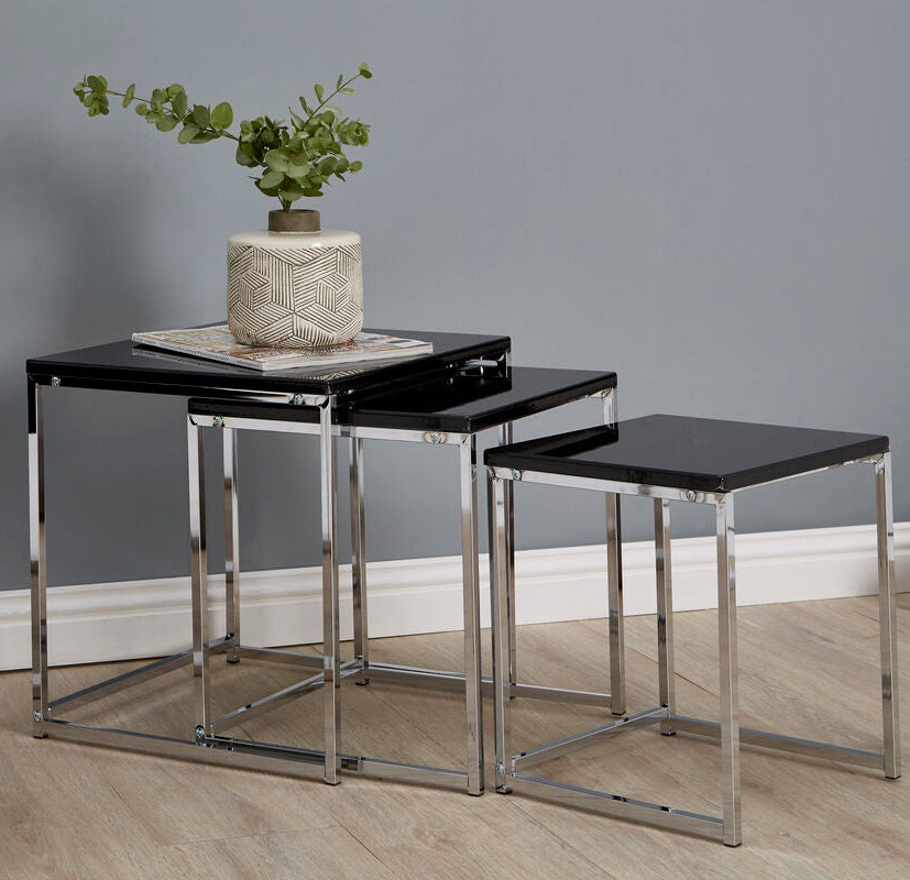 Silver and Black Nesting Set of 3 Accent Tables with Chrome Metal Frames, Fulton