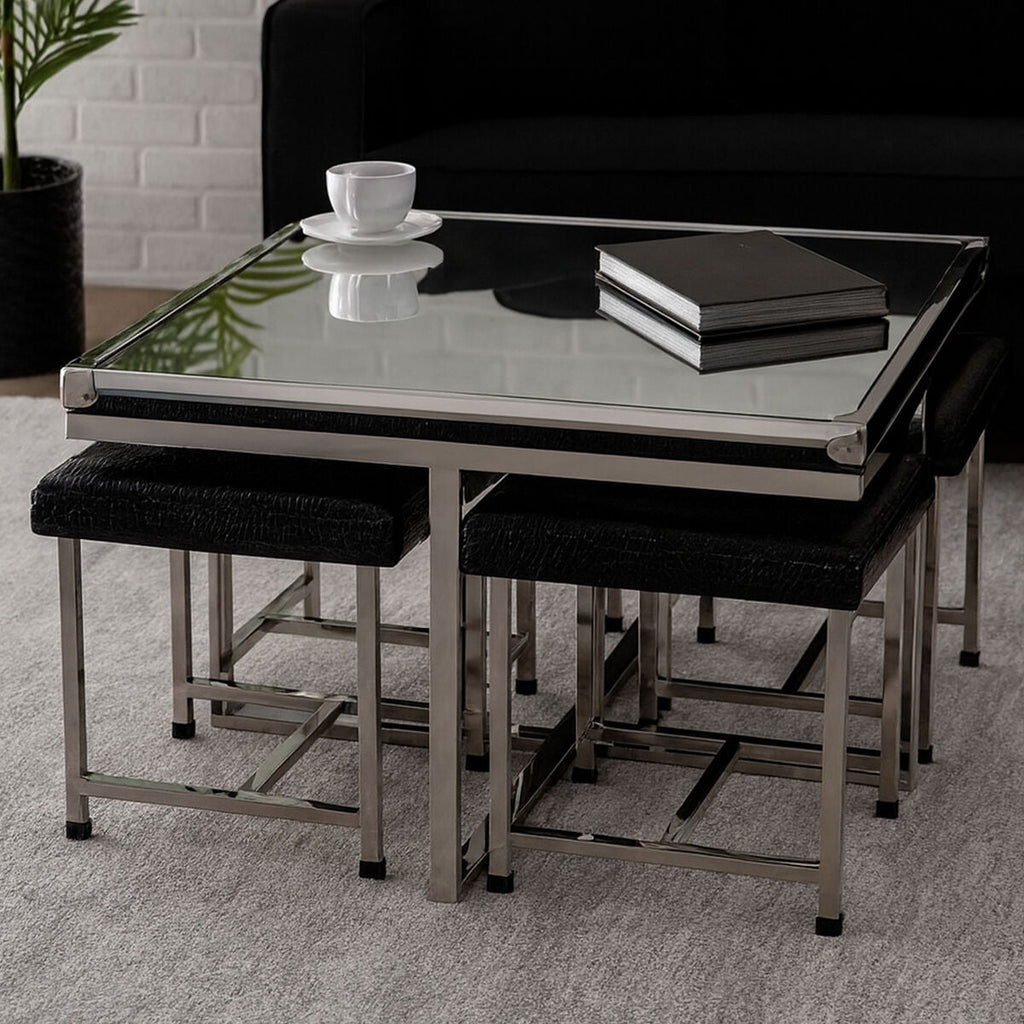 Silver 5 Piece Square Coffee Table and Stool Set with Crocodile Leather Effect | Carla