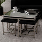 Silver 5 Piece Square Coffee Table and Stool Set with Crocodile Leather Effect | Carla