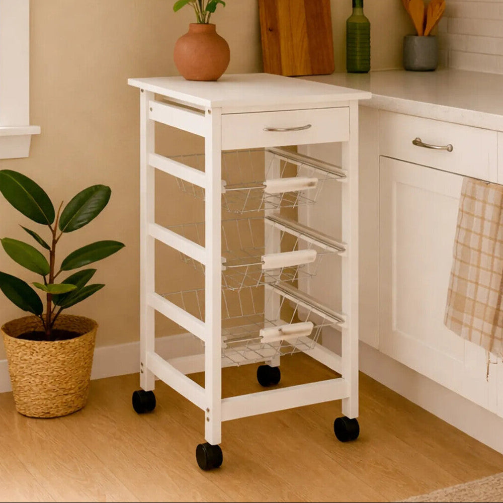 White Kitchen Trolley with Drawer and Basket Glenn | Harlow