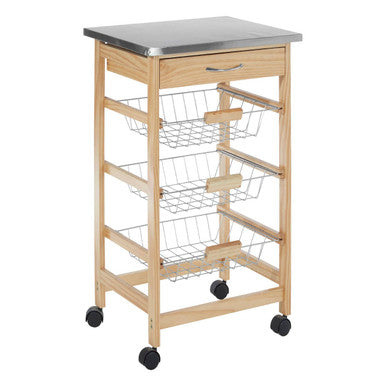 Silver Pinewood Kitchen Trolley with Drawer and Baskets Glenn | Harlow