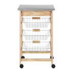 Silver Pinewood Kitchen Trolley with Drawer and Baskets Glenn | Harlow