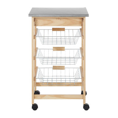 Silver Pinewood Kitchen Trolley with Drawer and Baskets Glenn | Harlow