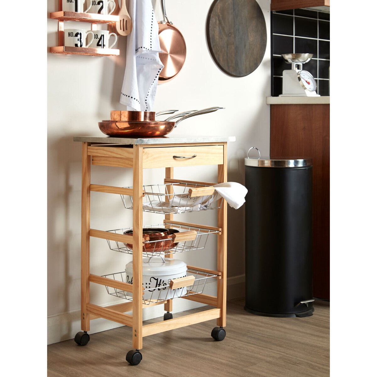 Silver Pinewood Kitchen Trolley with Drawer and Baskets Glenn | Harlow