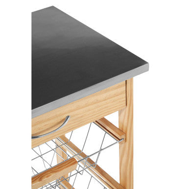 Silver Pinewood Kitchen Trolley with Drawer and Baskets Glenn | Harlow