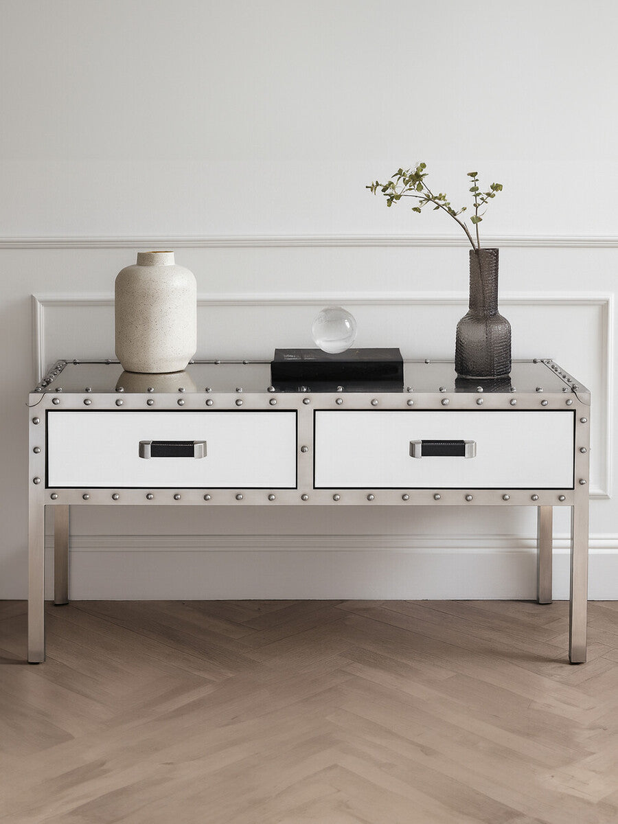 Silver Rectangular Storage Coffee Table in Metal and Glass | Rivet