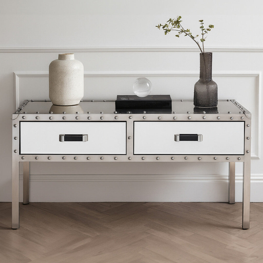 Silver Rectangular Storage Coffee Table in Metal and Glass | Rivet