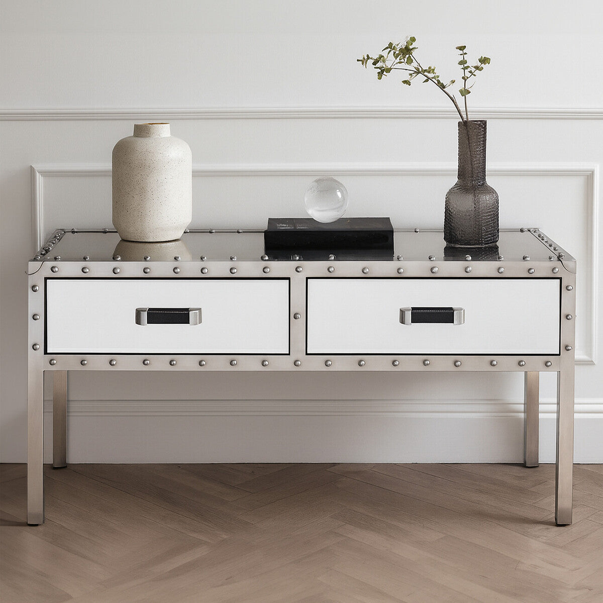 Silver Rectangular Storage Coffee Table in Metal and Glass | Rivet