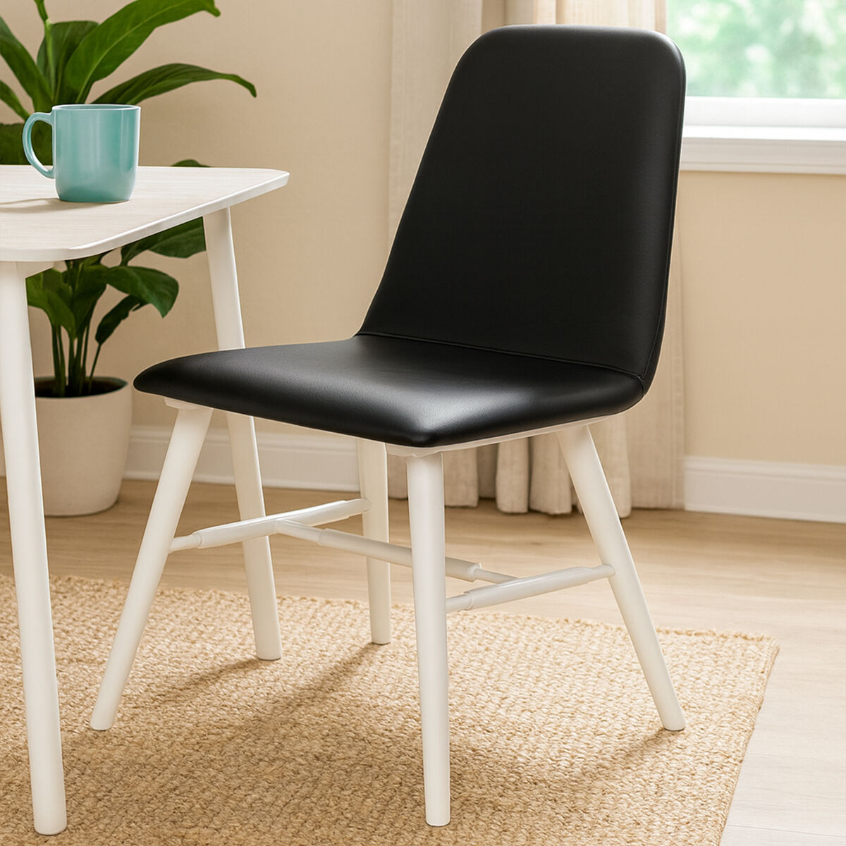 Black Leather Effect Dining Chair with White Legs | Cassy