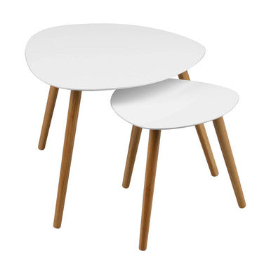 White High Gloss Top Nest of 2 Tables with Natural Wood Legs | Nostra