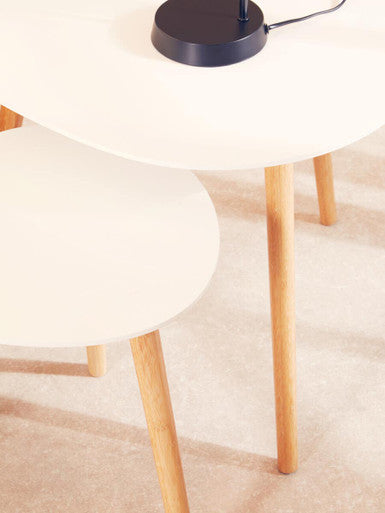 White High Gloss Top Nest of 2 Tables with Natural Wood Legs | Nostra