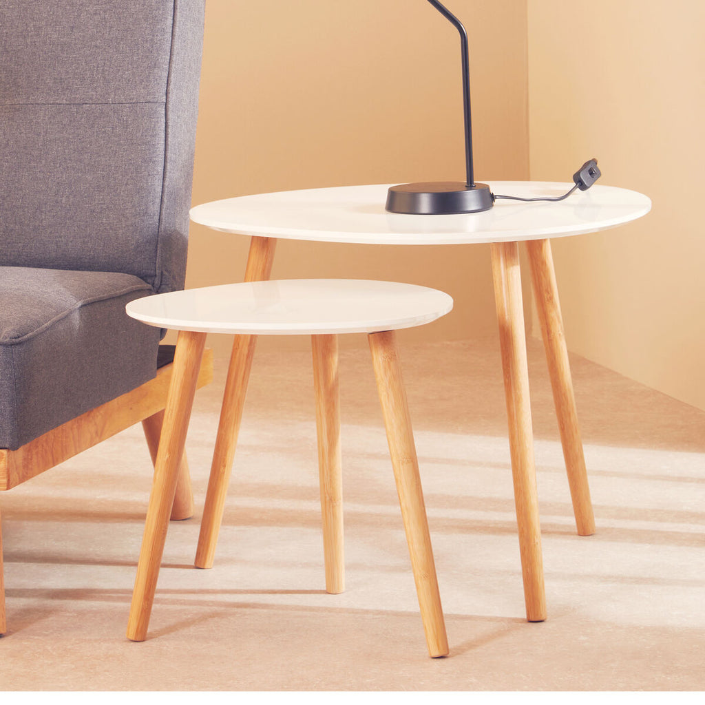 White High Gloss Top Nest of 2 Tables with Natural Wood Legs | Nostra