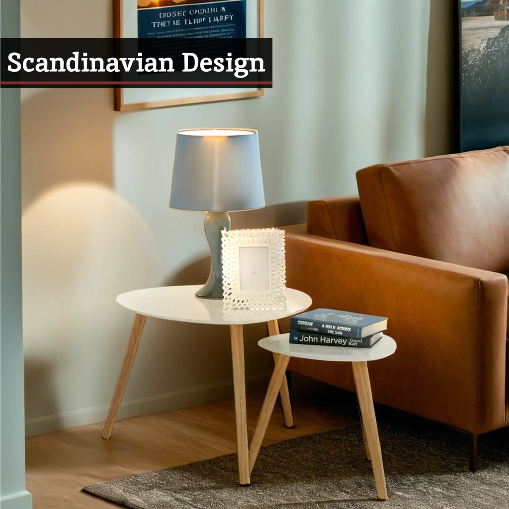 White High Gloss Top Nest of 2 Tables with Natural Wood Legs | Nostra