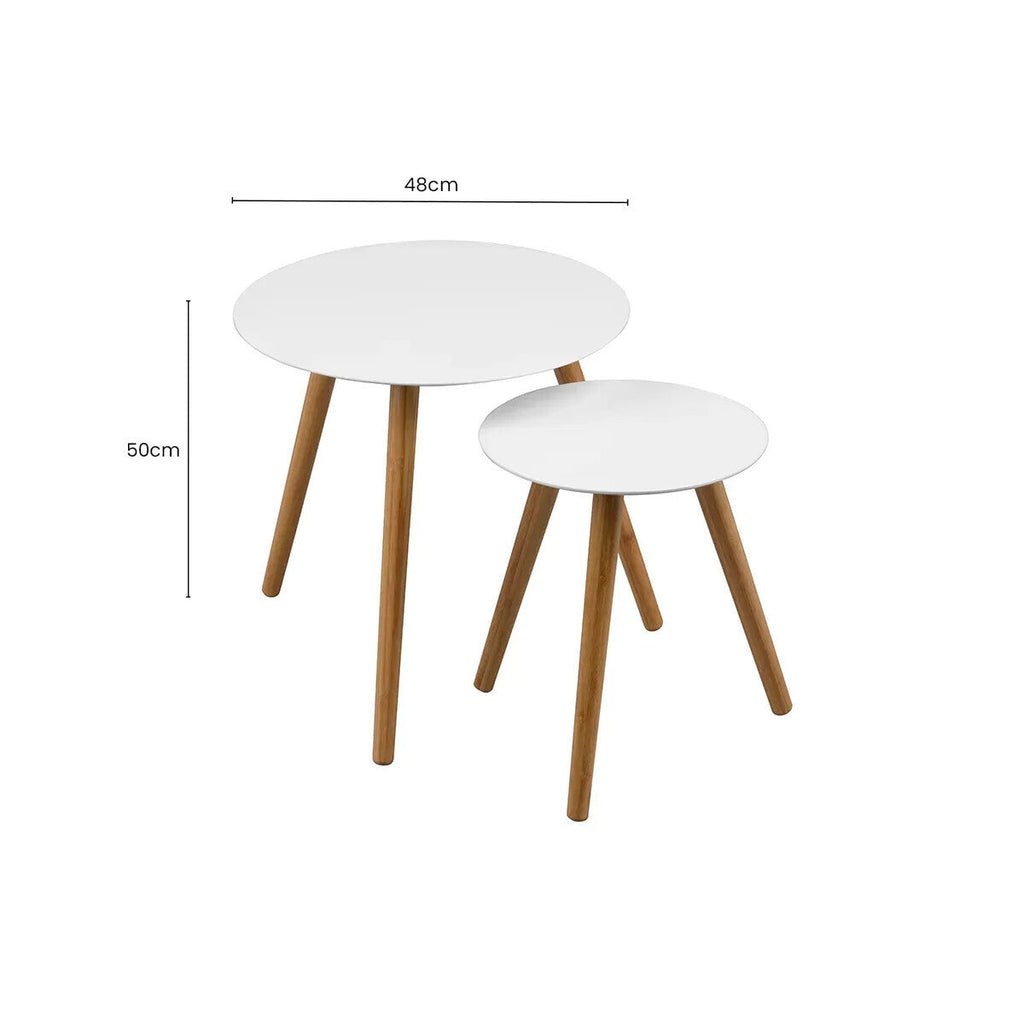 White High Gloss Round Top Nest of 2 Tables with Natural Wood Legs | Nostra