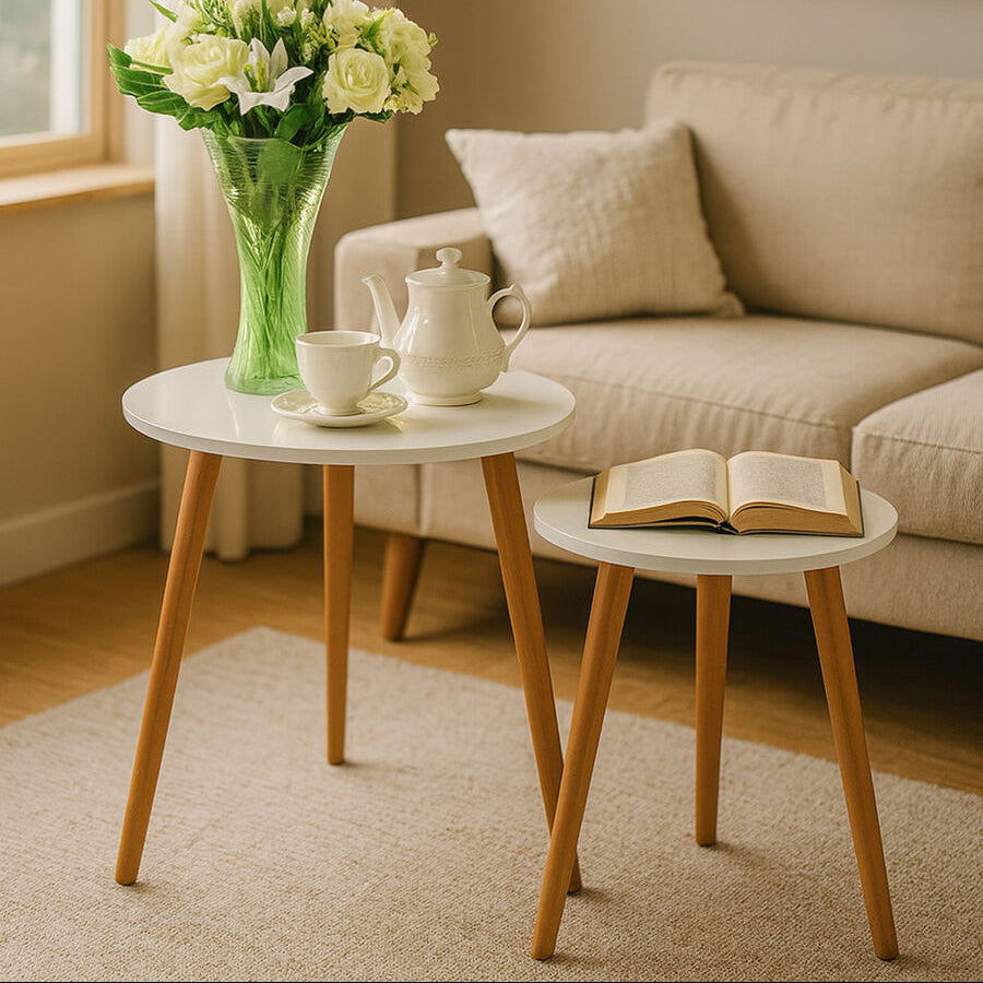 White High Gloss Round Top Nest of 2 Tables with Natural Wood Legs | Nostra