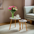 White High Gloss Round Top Nest of 2 Tables with Natural Wood Legs | Nostra
