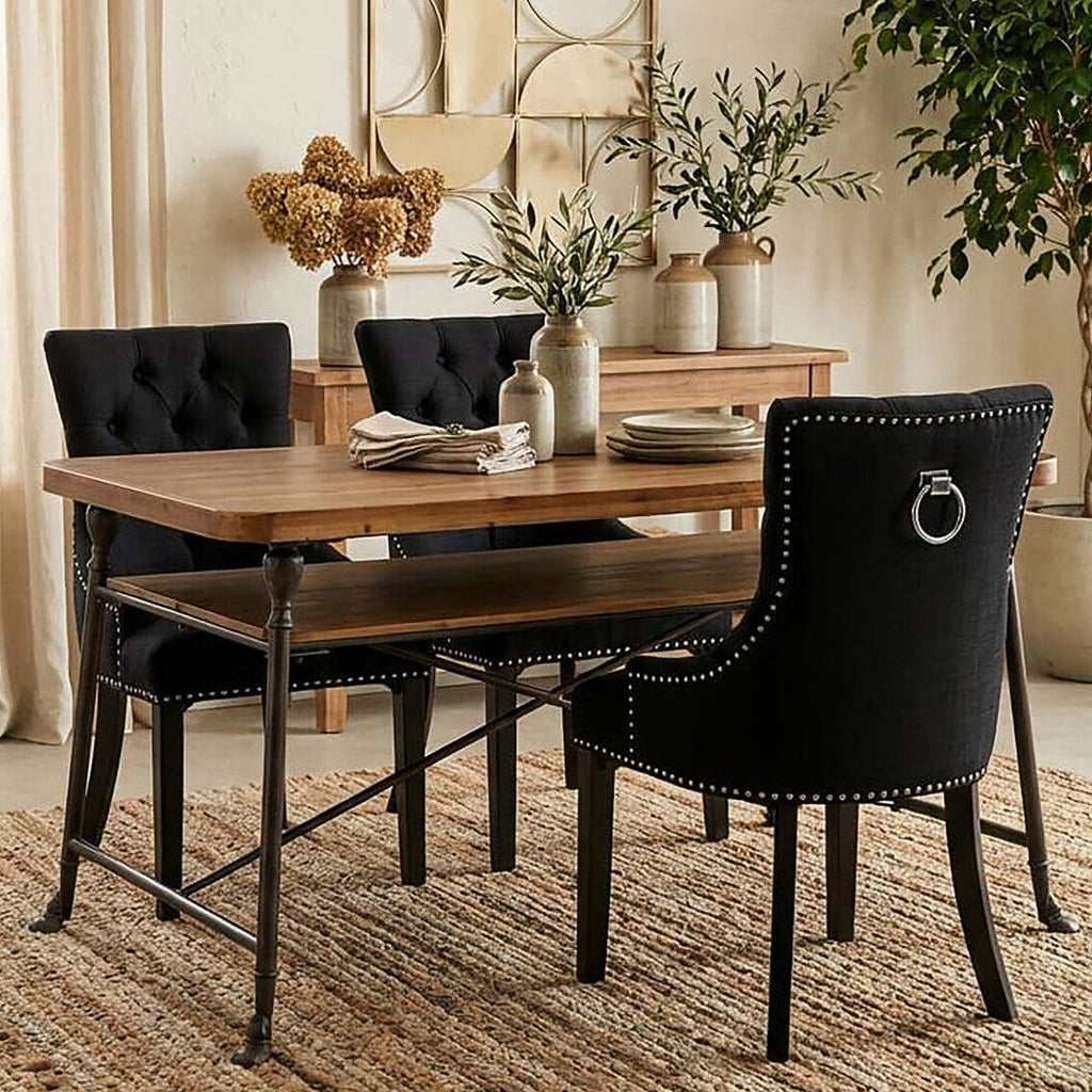 Natural Fir Wood Top Industrial Dining Table with Lower Shelf and Black Metallic Legs | Foundry