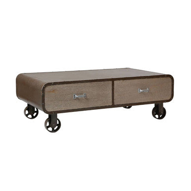 Natural Grain Finish Coffee Table with 2 Storage Drawers and 4 Wheels | Village Loft