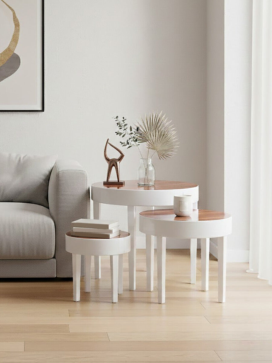 White High Gloss Wooden Frame Nest of 3 Table with Pear Wood Effect Top, Moritz