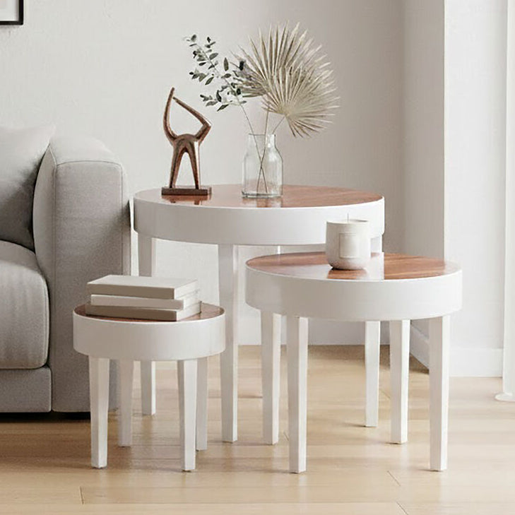 White High Gloss Wooden Frame Nest of 3 Table with Pear Wood Effect Top, Moritz