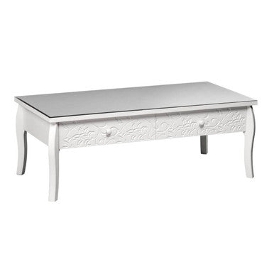 White Glass Top Coffee Table with 2 Drawers and Decorative Detailing, Chamonix