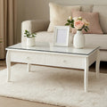 White Glass Top Coffee Table with 2 Drawers and Decorative Detailing, Chamonix