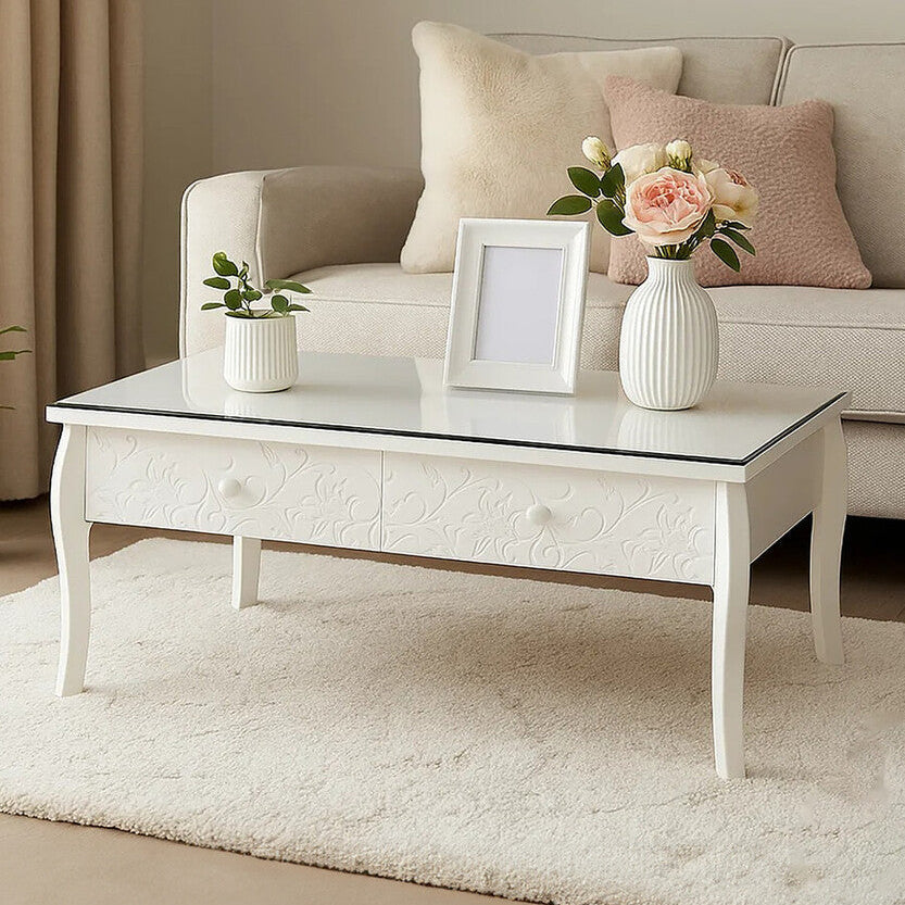 White Glass Top Coffee Table with 2 Drawers and Decorative Detailing, Chamonix