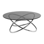 Smoked Grey Tempered Glass Top Round Coffee Table with Sculptural Stainless Steel Intertwined Base | Cassy