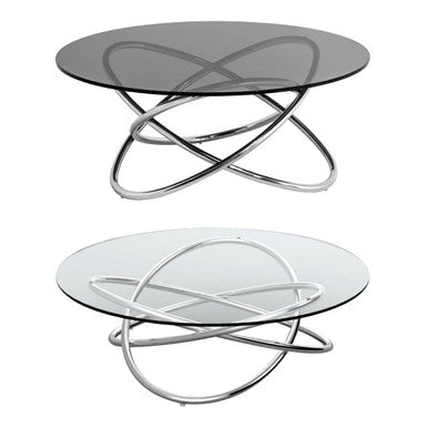 Smoked Grey Tempered Glass Top Round Coffee Table with Sculptural Stainless Steel Intertwined Base | Cassy