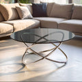 Smoked Grey Tempered Glass Top Round Coffee Table with Sculptural Stainless Steel Intertwined Base | Cassy