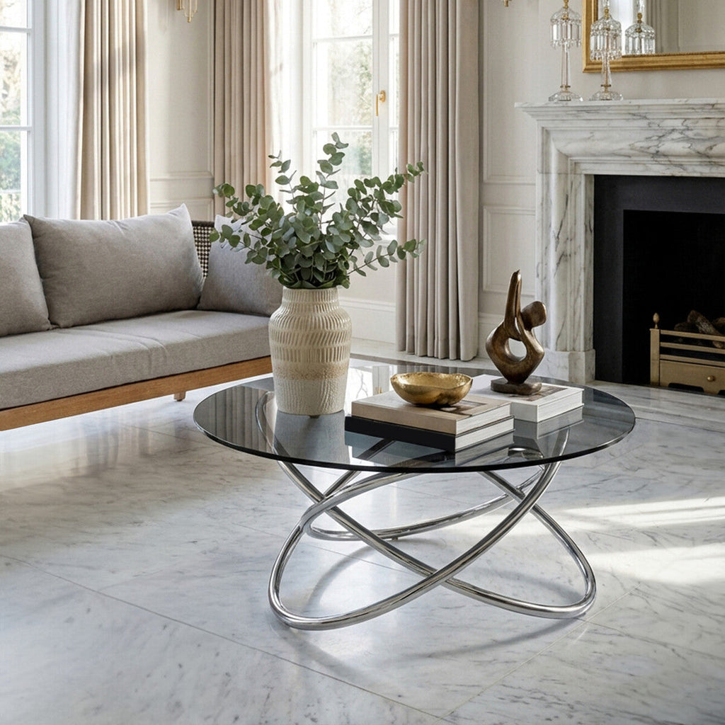 Smoked Grey Tempered Glass Top Round Coffee Table with Sculptural Stainless Steel Intertwined Base | Cassy