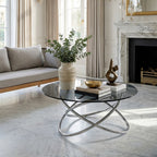 Smoked Grey Tempered Glass Top Round Coffee Table with Sculptural Stainless Steel Intertwined Base | Cassy