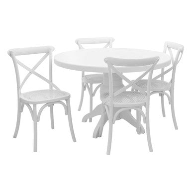 Round Solid Wood Dining Table with 4 Chairs Set in Whitewash Finish | Vermont