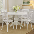 Round Solid Wood Dining Table with 4 Chairs Set in Whitewash Finish | Vermont