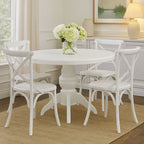 Round Solid Wood Dining Table with 4 Chairs Set in Whitewash Finish | Vermont