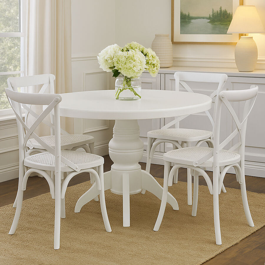 Round Solid Wood Dining Table with 4 Chairs Set in Whitewash Finish | Vermont