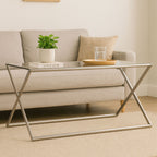 Tempered Glass Rectangular Coffee Table with Silver Cross Frame Design | Roma