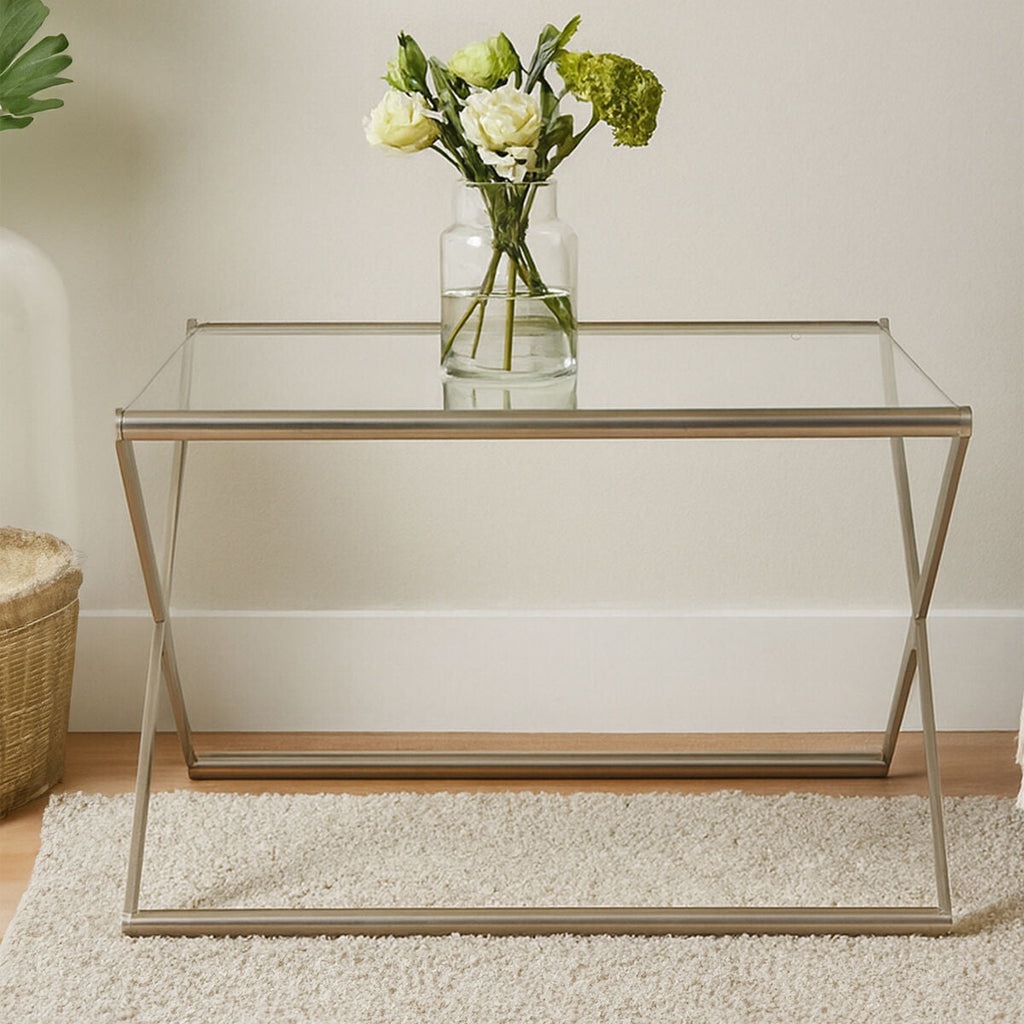 Tempered Glass Square Coffee Table with Criss Cross Satin Nickel Base | Roma