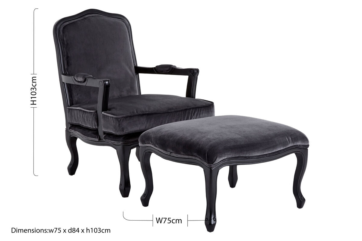Grey Velvet Chair and Footstool | Rococo