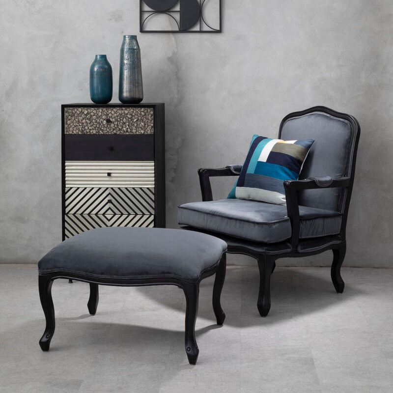 Grey Velvet Chair and Footstool | Rococo