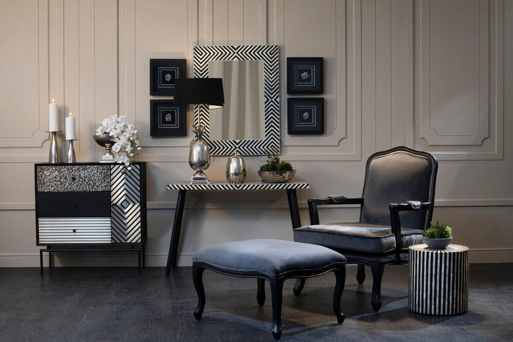 Grey Velvet Chair and Footstool | Rococo