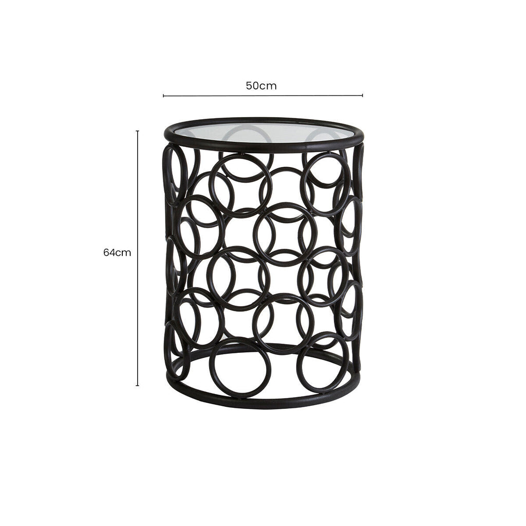 Black Round Glass Top Side Table with Circular Frame Design Meta Base | Antalya