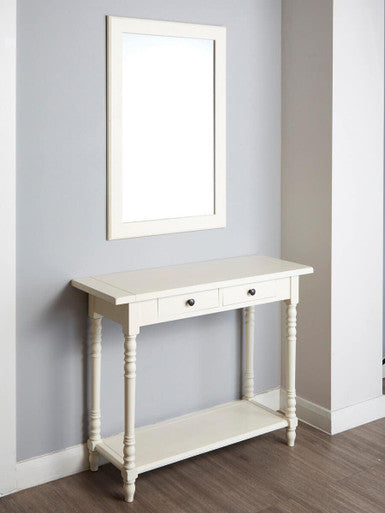 White Wooden Ivory Two-Tier Display Top Console Table with 2 Drawers and Carved Legs, Heritage