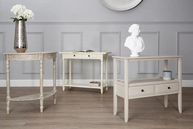 White Wooden Ivory Two-Tier Display Top Console Table with 2 Drawers and Carved Legs, Heritage