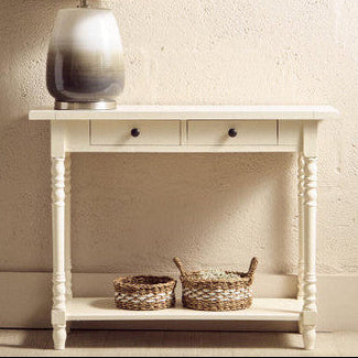 White Wooden Ivory Two-Tier Display Top Console Table with 2 Drawers and Carved Legs, Heritage