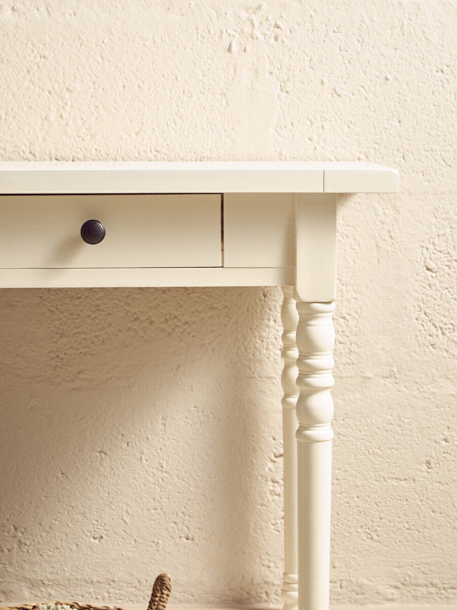White Wooden Ivory Two-Tier Display Top Console Table with 2 Drawers and Carved Legs, Heritage