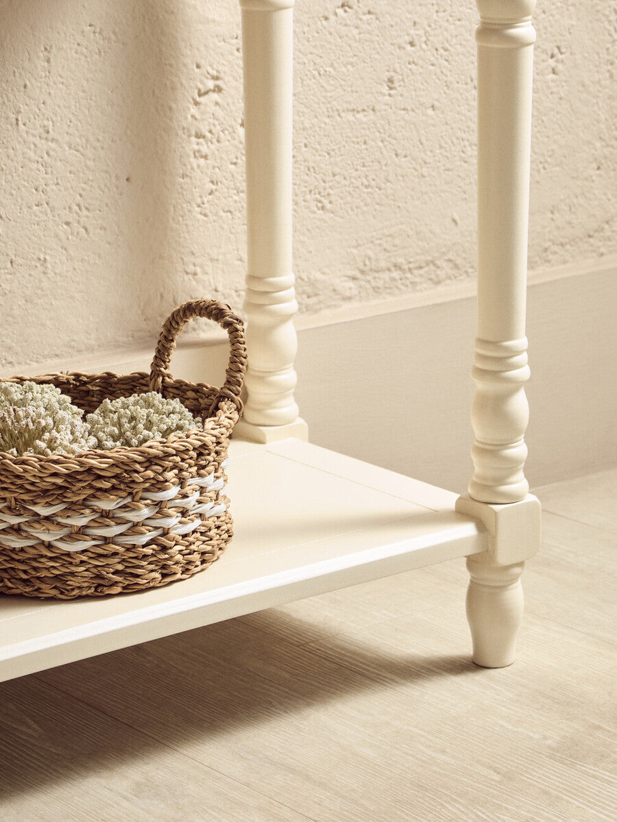 White Wooden Ivory Two-Tier Display Top Console Table with 2 Drawers and Carved Legs, Heritage