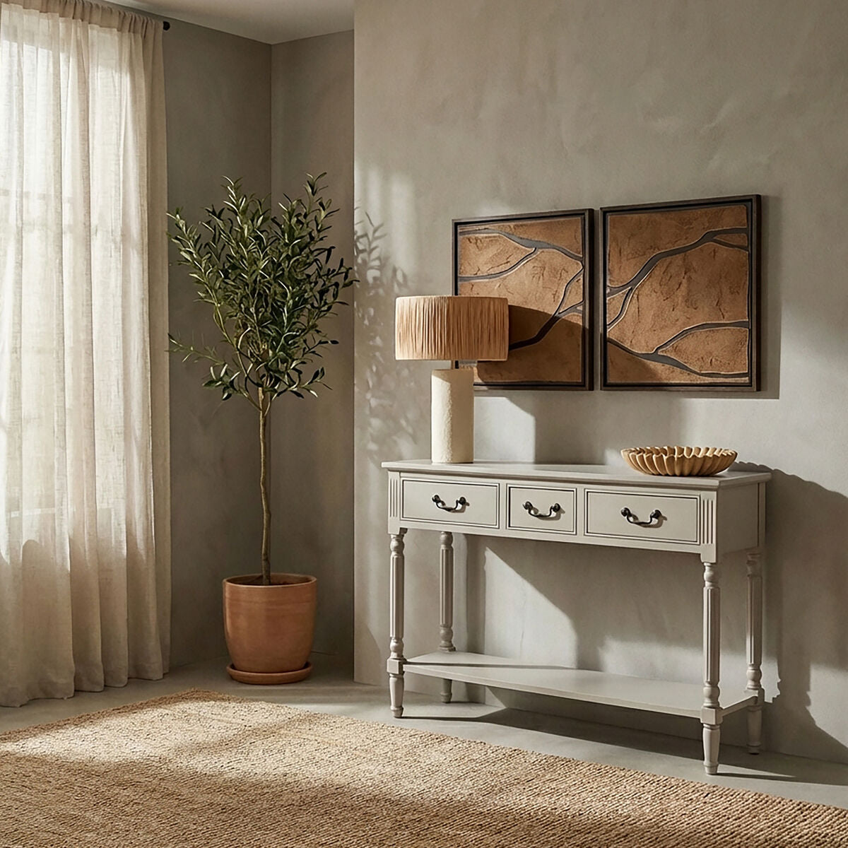 Grey Natural Wooden Two-Tier Display Top Console Table with 2 Drawers and Carved Legs, Heritage