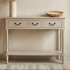 Grey Natural Wooden Two-Tier Display Top Console Table with 2 Drawers and Carved Legs, Heritage